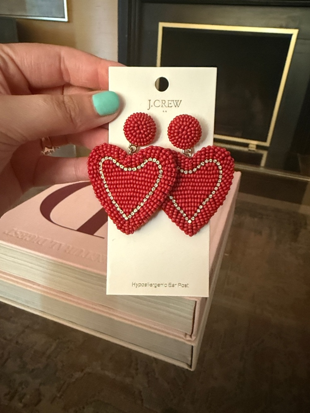J.Crew Red Beaded Heart Drop Earrings with Gold Accent